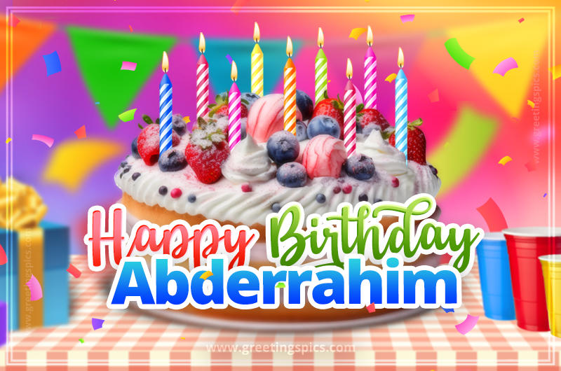 Happy Birthday Abderrahim Colorful Image with fruit cake and candles