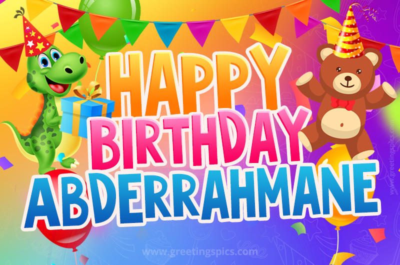 Happy Birthday Abderrahmane Image for a child with cute baby dinosaur and bear