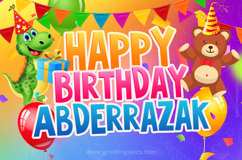 Happy Birthday Abderrazak Image for a child with cute baby dinosaur and bear