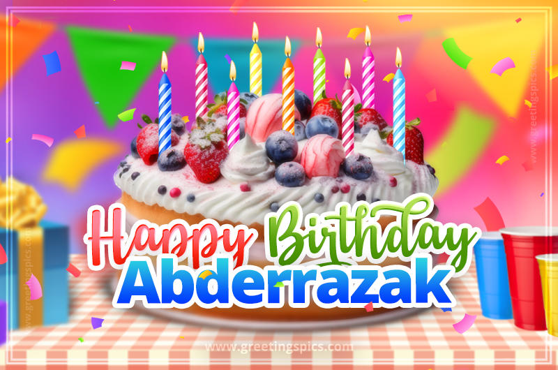 Happy Birthday Abderrazak Colorful Image with fruit cake and candles