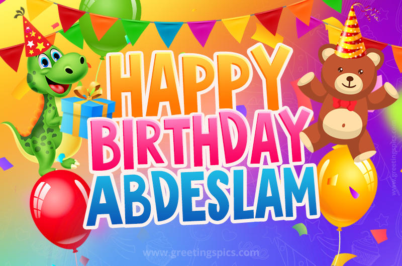 Happy Birthday Abdeslam Image for a child with cute baby dinosaur and bear