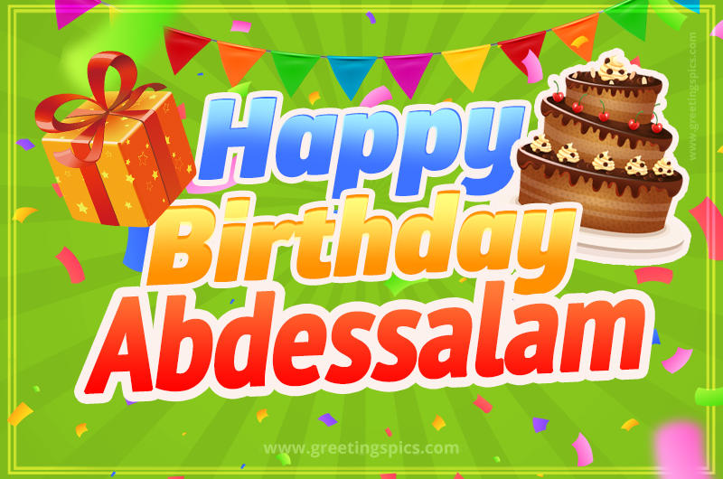 Happy Birthday Abdessalam picture with flags, chocolate cake and gift box