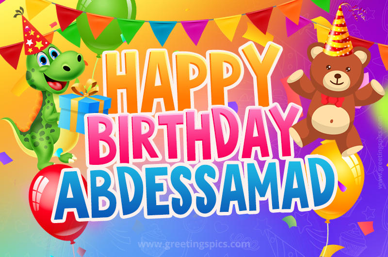 Happy Birthday Abdessamad Image for a child with cute baby dinosaur and bear