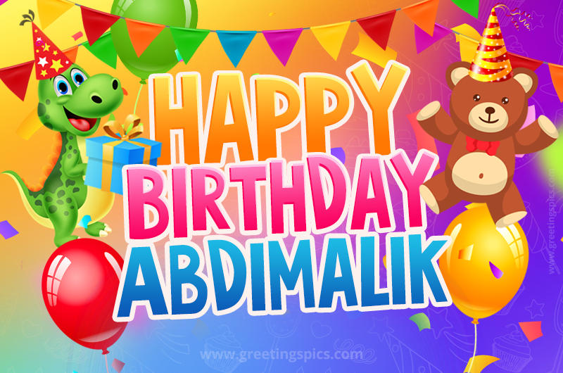 Happy Birthday Abdimalik Image for a child with cute baby dinosaur and bear