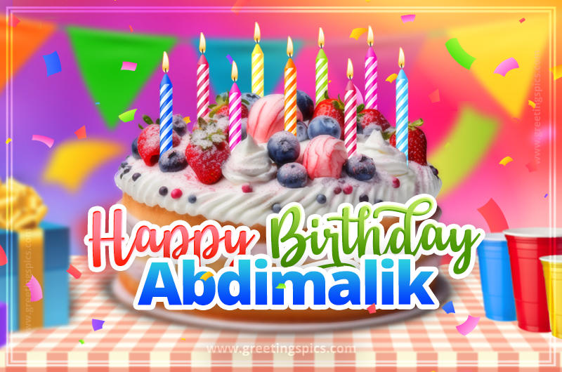 Happy Birthday Abdimalik Colorful Image with fruit cake and candles