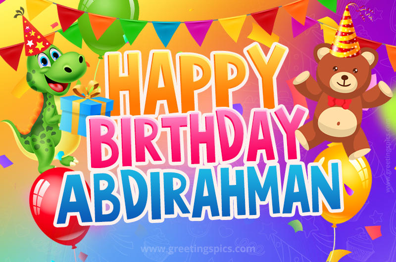 Happy Birthday Abdirahman Image for a child with cute baby dinosaur and bear