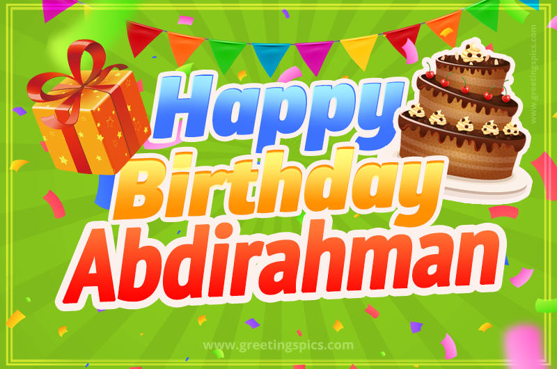 Happy Birthday Abdirahman picture with flags, chocolate cake and gift box