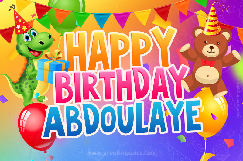 Happy Birthday Abdoulaye Image for a child with cute baby dinosaur and bear