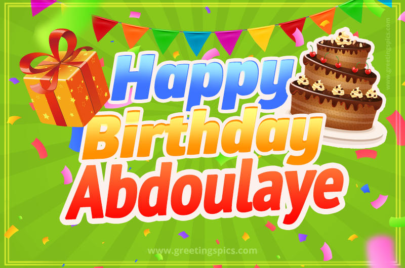 Happy Birthday Abdoulaye picture with flags, chocolate cake and gift box