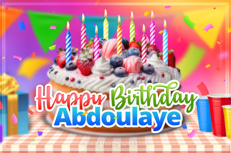 Happy Birthday Abdoulaye Colorful Image with fruit cake and candles