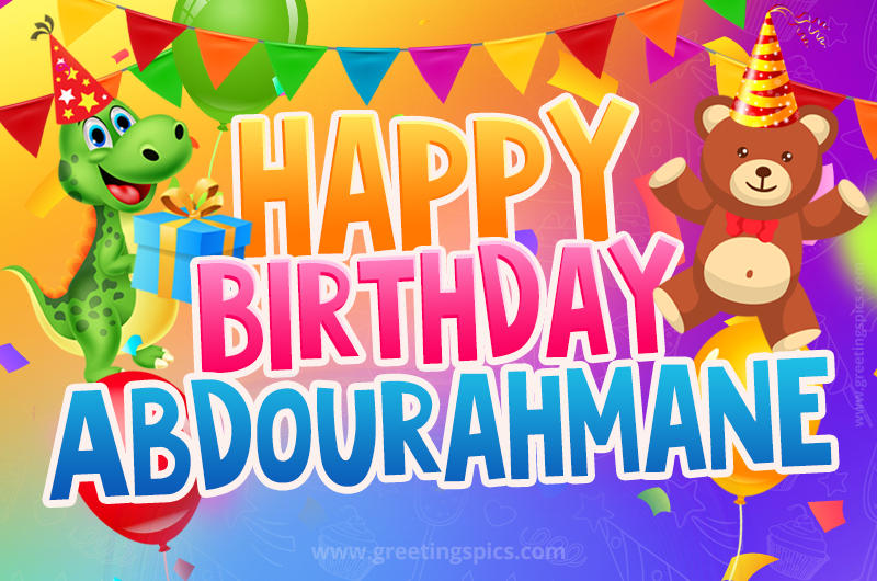 Happy Birthday Abdourahmane Image for a child with cute baby dinosaur and bear