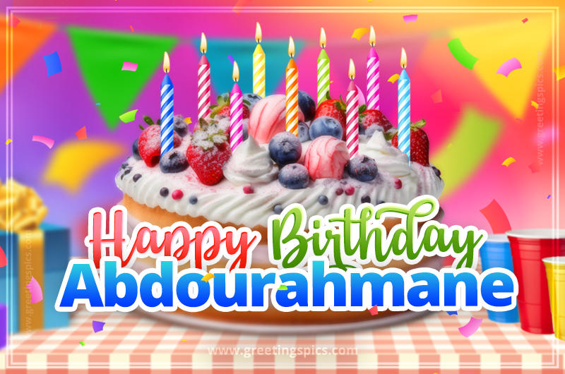 Happy Birthday Abdourahmane Colorful Image with fruit cake and candles