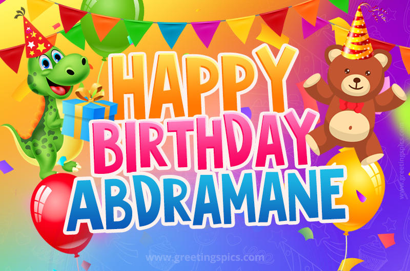 Happy Birthday Abdramane Image for a child with cute baby dinosaur and bear