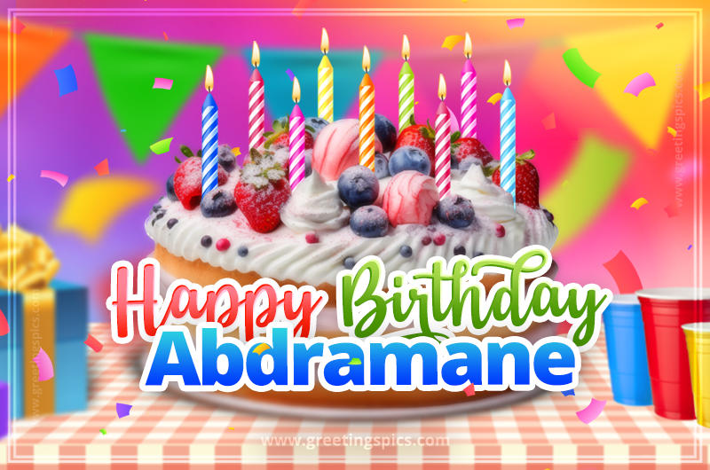 Happy Birthday Abdramane Colorful Image with fruit cake and candles