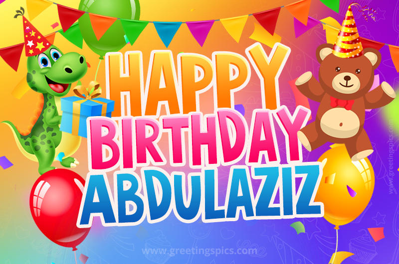 Happy Birthday Abdulaziz Image for a child with cute baby dinosaur and bear