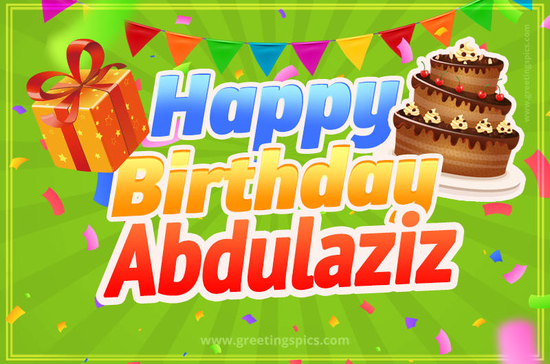 Happy Birthday Abdulaziz picture with flags, chocolate cake and gift box