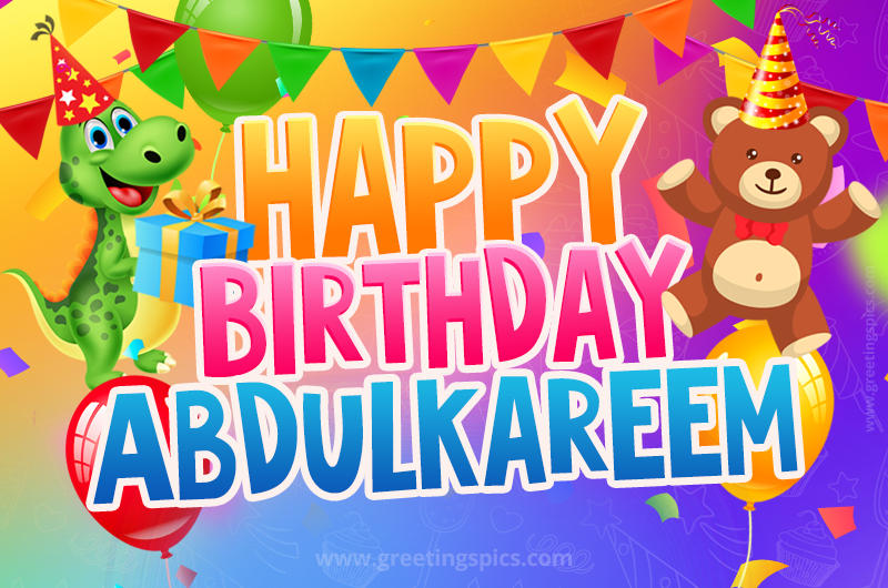 Happy Birthday Abdulkareem Image for a child with cute baby dinosaur and bear