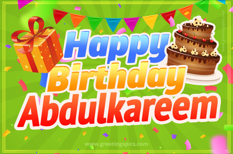 Happy Birthday Abdulkareem picture with flags, chocolate cake and gift box