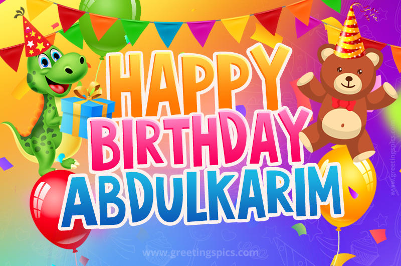 Happy Birthday Abdulkarim Image for a child with cute baby dinosaur and bear