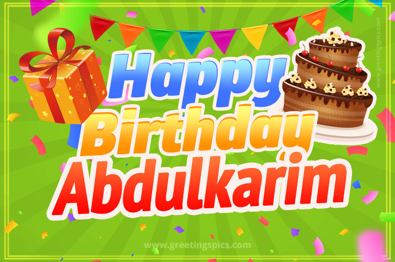 Happy Birthday Abdulkarim picture with flags, chocolate cake and gift box