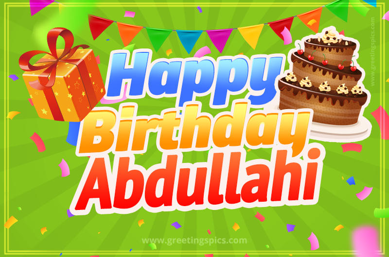 Happy Birthday Abdullahi picture with flags, chocolate cake and gift box