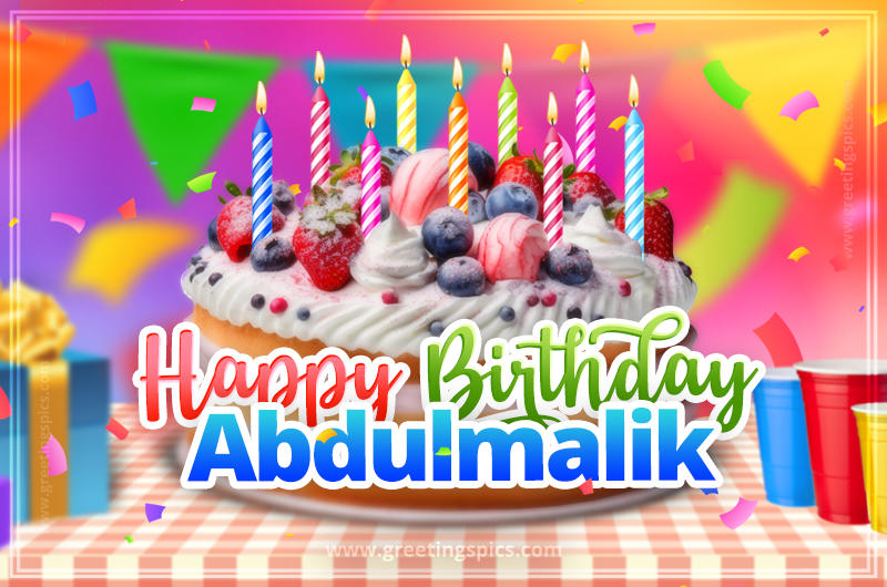 Happy Birthday Abdulmalik Colorful Image with fruit cake and candles