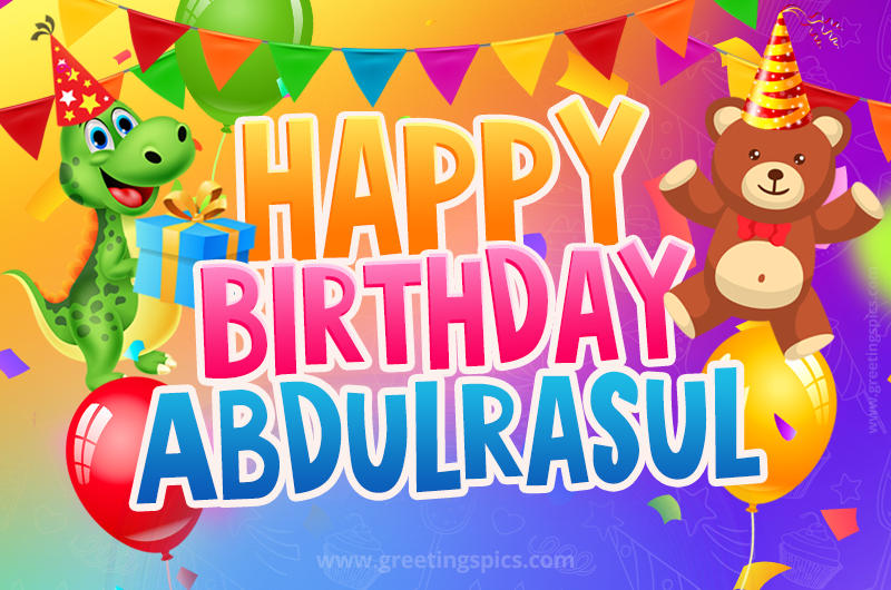 Happy Birthday Abdulrasul Image for a child with cute baby dinosaur and bear