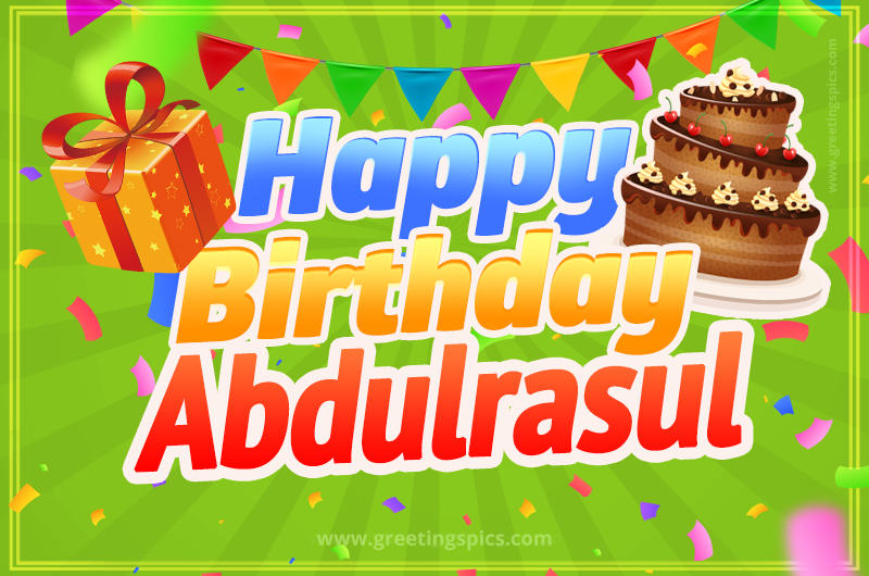 Happy Birthday Abdulrasul picture with flags, chocolate cake and gift box