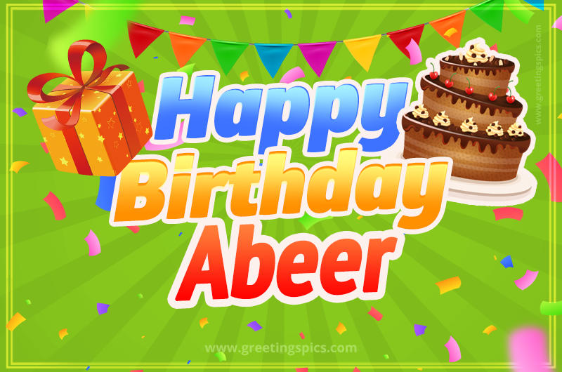 Happy Birthday Abeer picture with flags, chocolate cake and gift box