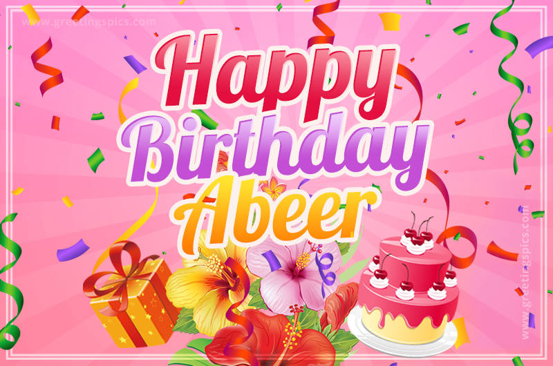 Beautiful Birthday Card for Abeer with Cake and bouquet of flowers