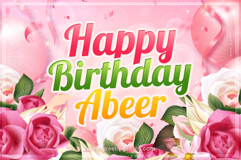 Image with gentle pink background and flowers Happy Birthday Abeer