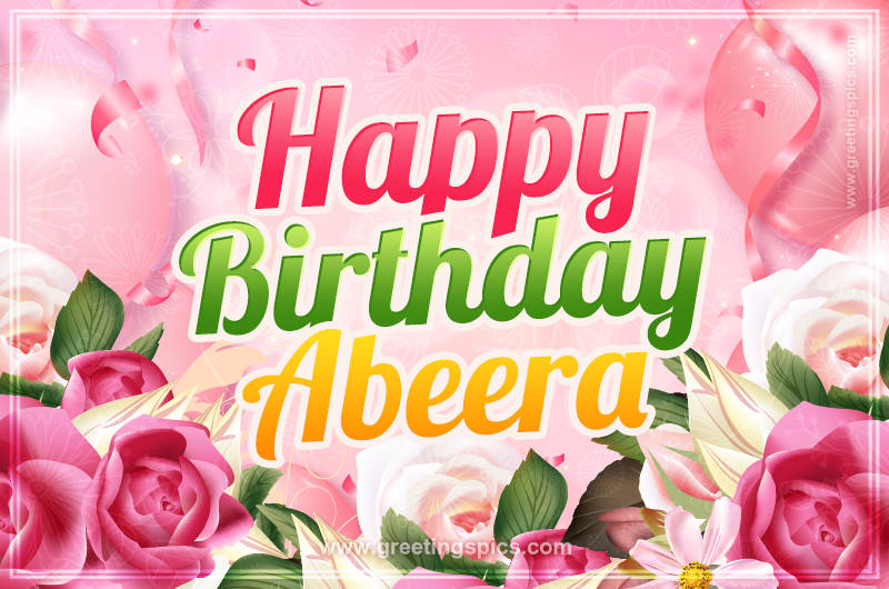 Image with gentle pink background and flowers Happy Birthday Abeera