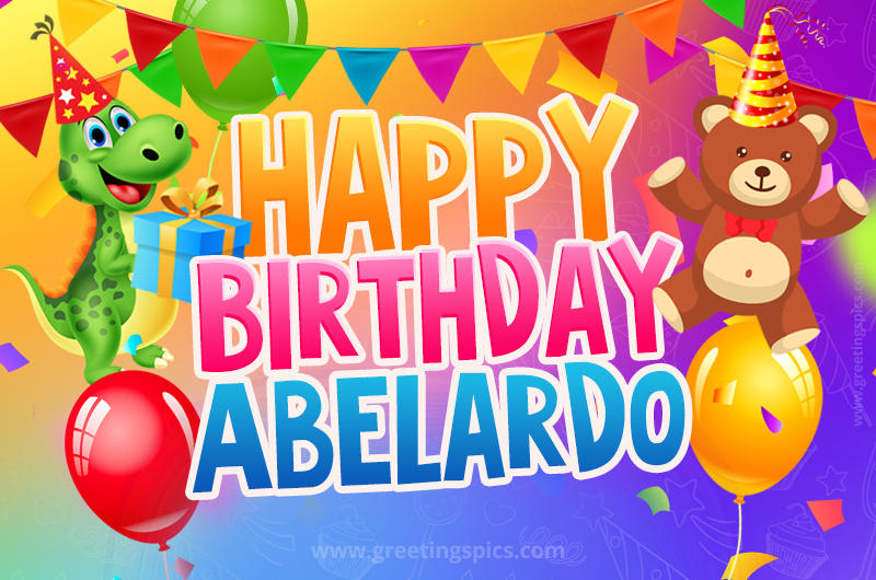 Happy Birthday Abelardo Image for a child with cute baby dinosaur and bear