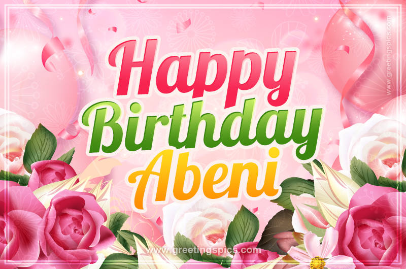 Image with gentle pink background and flowers Happy Birthday Abeni