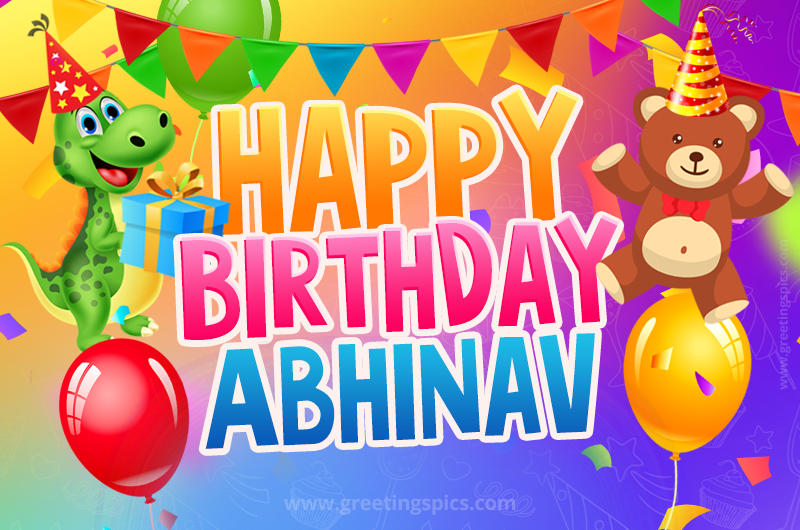 Happy Birthday Abhinav Image for a child with cute baby dinosaur and bear