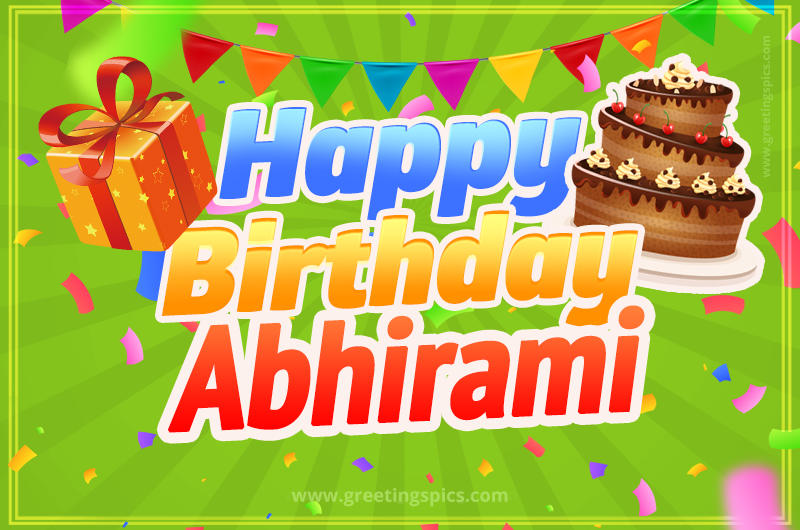 Happy Birthday Abhirami picture with flags, chocolate cake and gift box