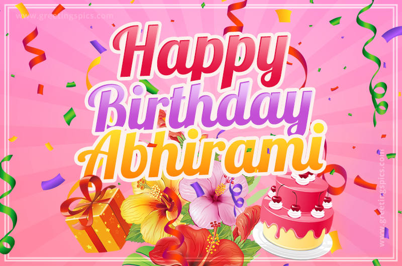 Beautiful Birthday Card for Abhirami with Cake and bouquet of flowers