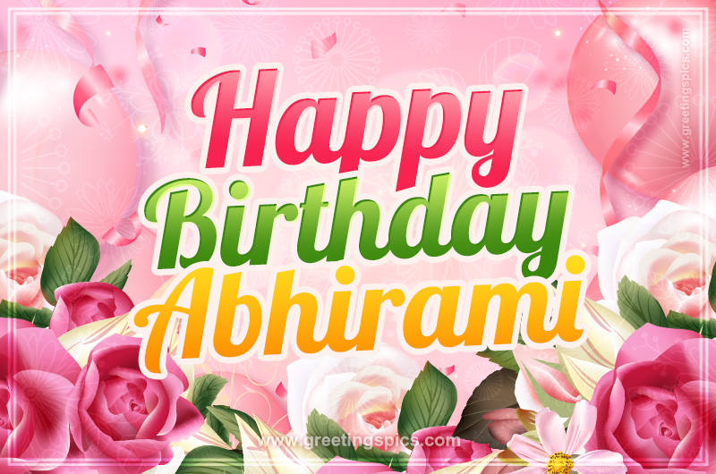 Image with gentle pink background and flowers Happy Birthday Abhirami