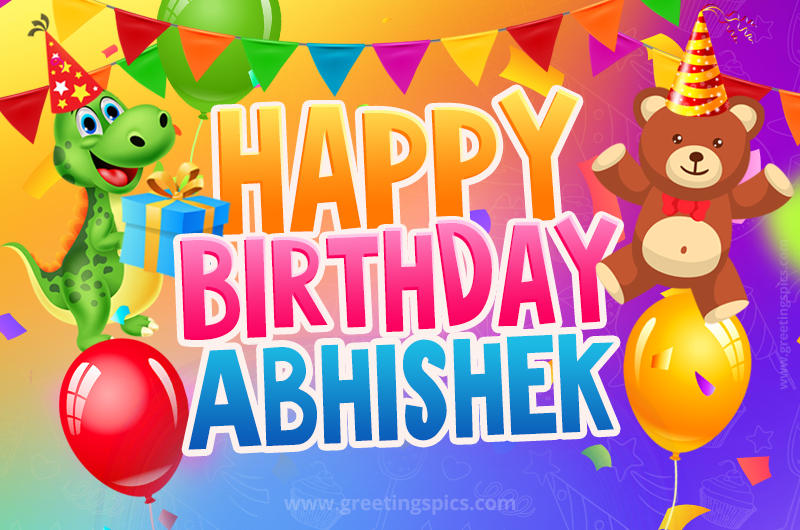 Happy Birthday Abhishek Image for a child with cute baby dinosaur and bear