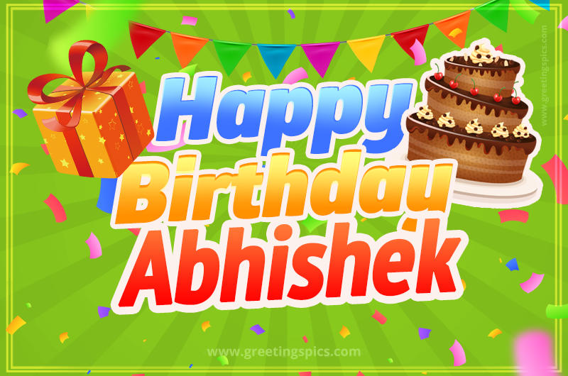 Happy Birthday Abhishek picture with flags, chocolate cake and gift box