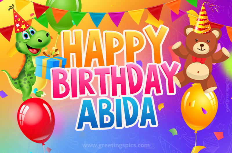 Happy Birthday Abida Image for a child with cute dinosaur and bear