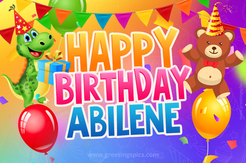 Happy Birthday Abilene Image for a child with cute dinosaur and bear