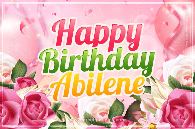 Image with gentle pink background and flowers Happy Birthday Abilene