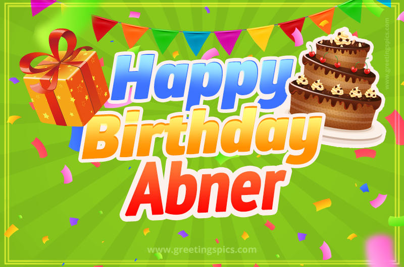 Happy Birthday Abner picture with flags, chocolate cake and gift box