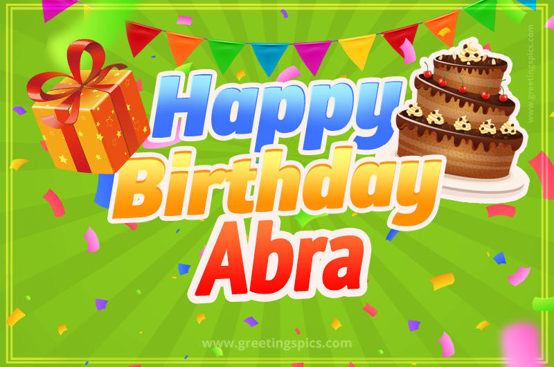 Happy Birthday Abra picture with flags, chocolate cake and gift box