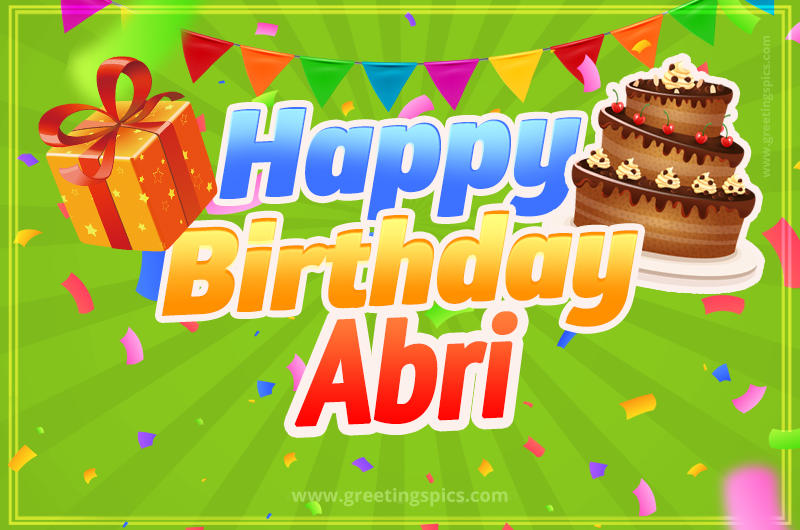 Happy Birthday Abri picture with flags, chocolate cake and gift box