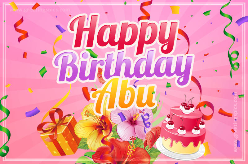 Beautiful Birthday Card for Abu with Cake and bouquet of flowers