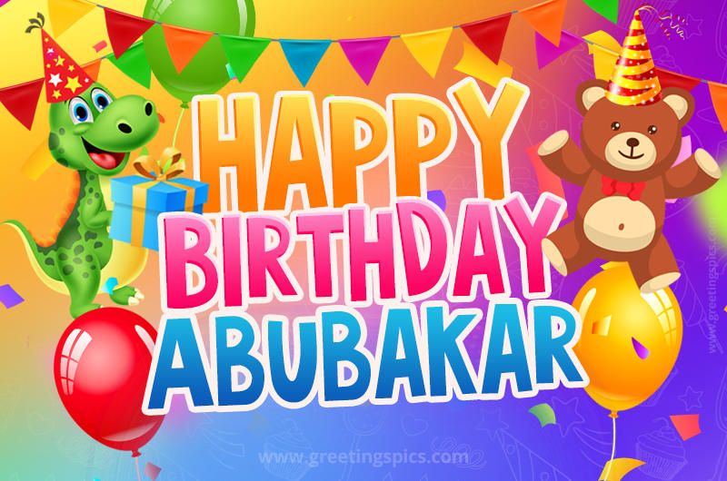 Happy Birthday Abubakar Image for a child with cute baby dinosaur and bear