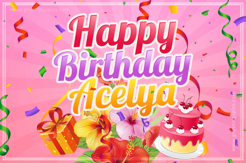 Beautiful Birthday Card for Acelya with Cake and bouquet of flowers