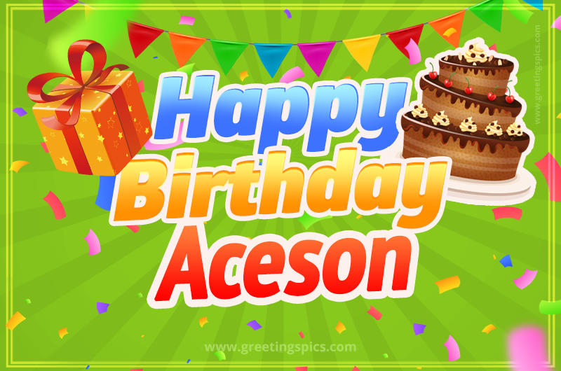 Happy Birthday Aceson picture with flags, chocolate cake and gift box